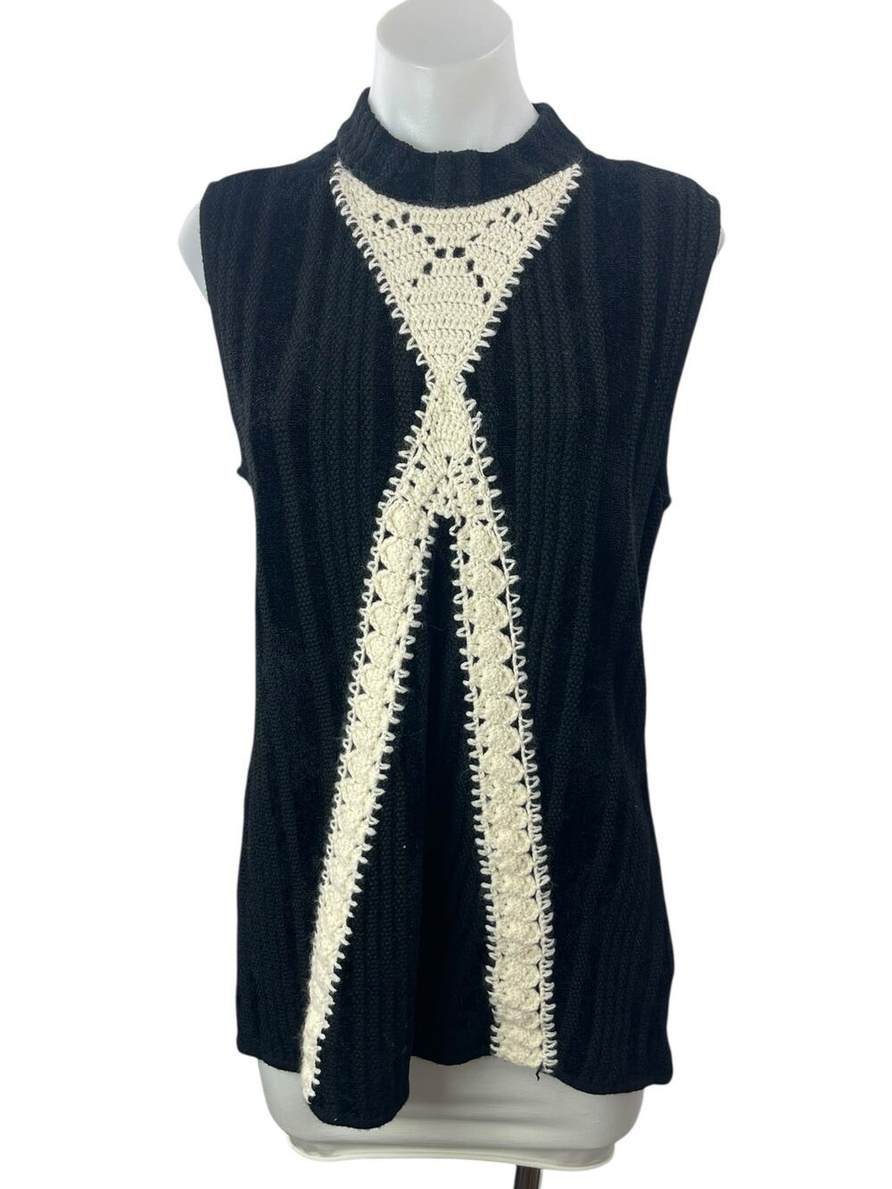 Thakoon Black Cream Crochet Trim Wool Sleeveless Mock Neck Tank Sweater Top L